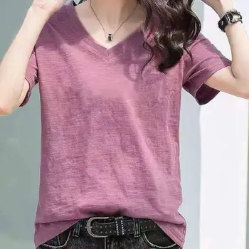 00% Pure Cotton Bamboo Rayon ort Sve Women's T-irt Loose Fit V-ne Casual Top Comfortable Breathable Summer irt 1