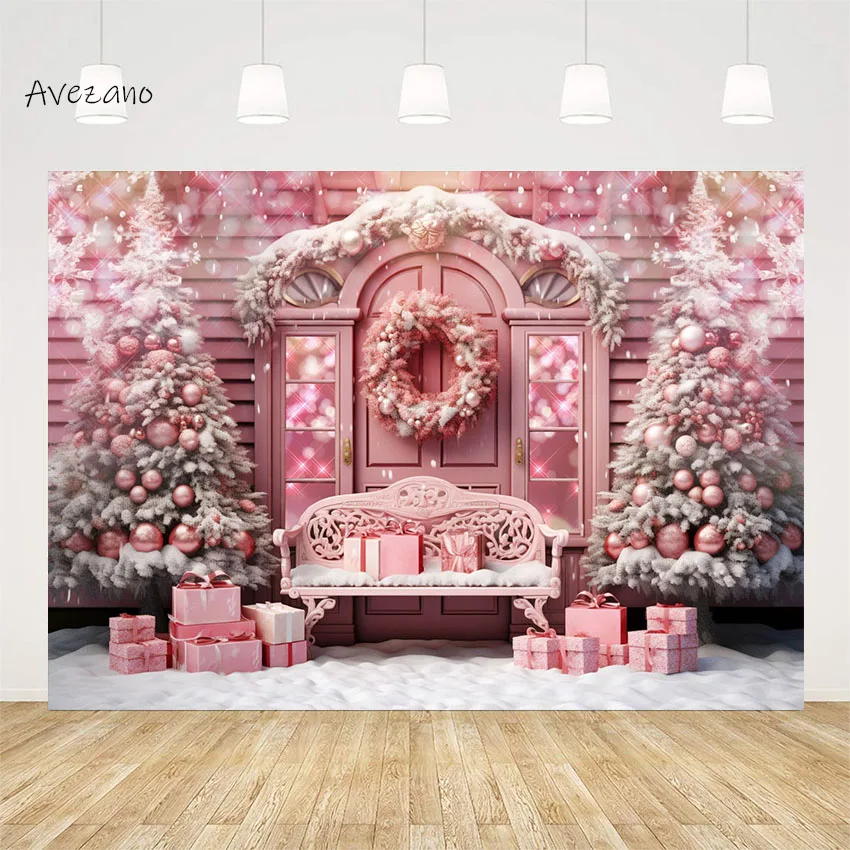 

Avezano Christmas Pink House Backdrop Outdoor Winter Glitter Photography Background Kids Photo Prop Snowland Holiday Party Decor