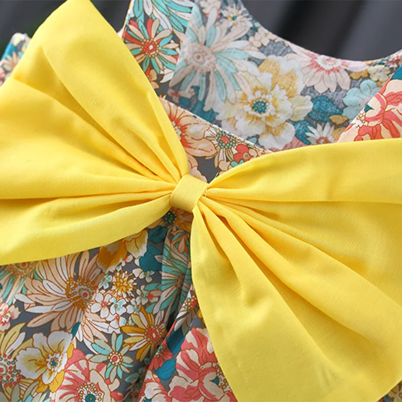 Children's Clothing Summer New Girls' Dress Backless Bow Retro Floral Girl Baby Princess Skirt With Hat - Image 6