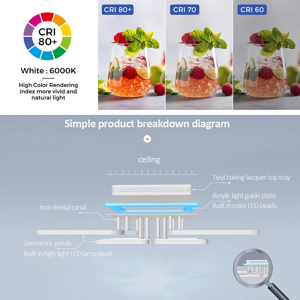 IRALAN 사각 금속 스마트 천장 램프, 조도 조절 LED 조명, 원격 제어, 거실 장 광택 실내 조명