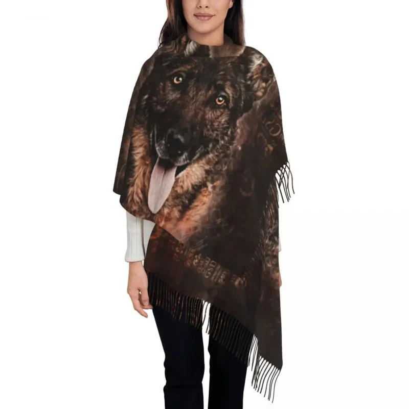 

Female Large German Shepherd Dog Scarves Women Winter Thick Warm Tassel Shawl Wrap Animal GSD Scarf