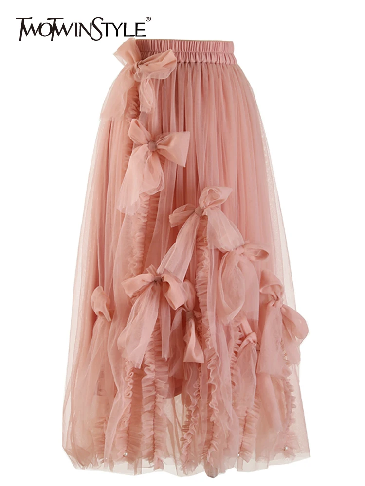 

TWOTWINSTYLE Irregular Mesh Skirts For Women Hihg Waist Folds Patchwork Bow Temperament Skirt Female Summer Fashion Style 2023