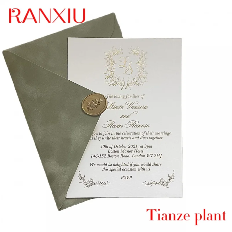 

Custom Custom Embossed Gold Silver Foiling Paper Wedding Invitation Card With Sage Green Envelope Custom Low Moq Letterpress Wed