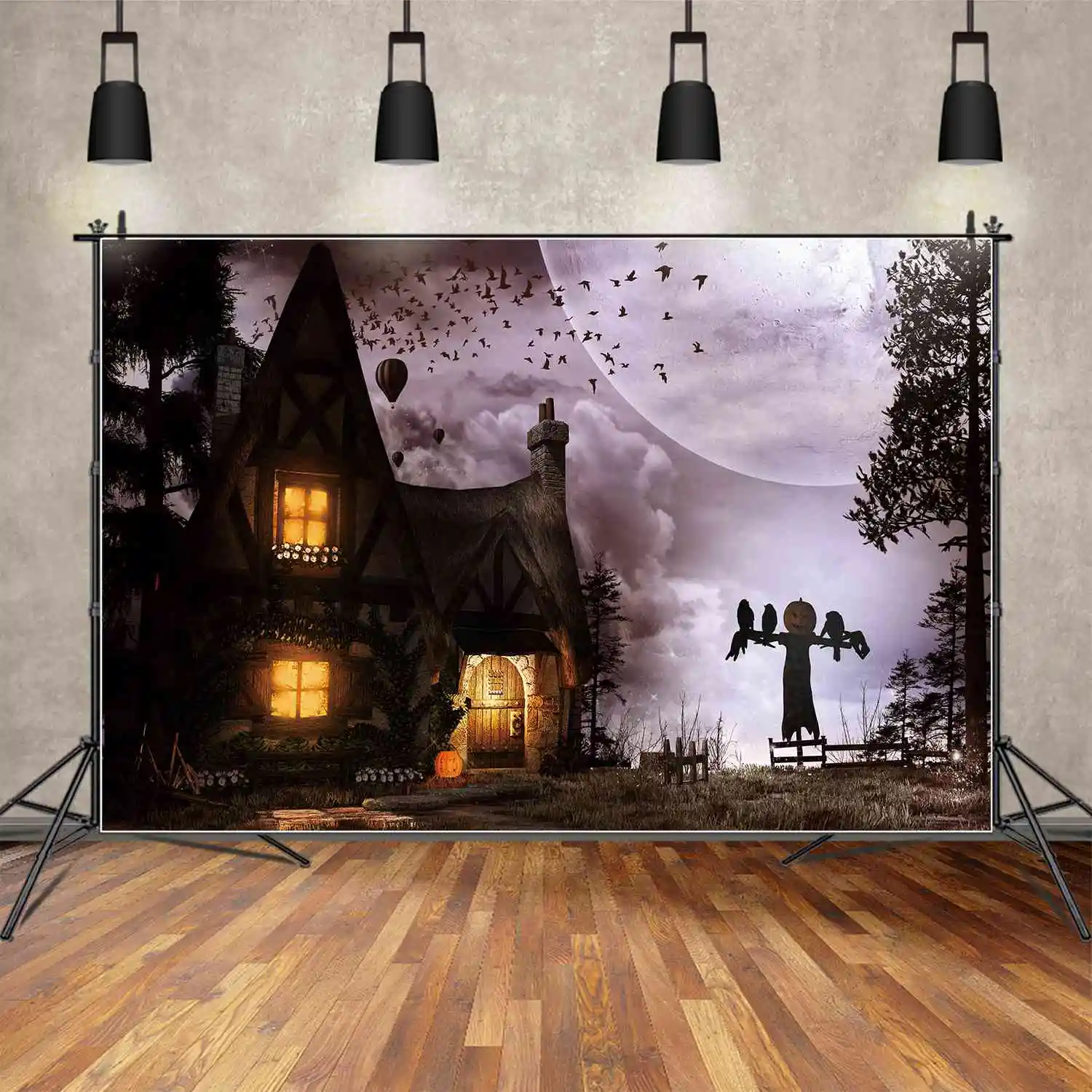 

MOON.QG Backdrop Children Home Scarecrow Halloween Party Background Pumpkin Head Crow Full Moon Golden Window Door Photo Booth