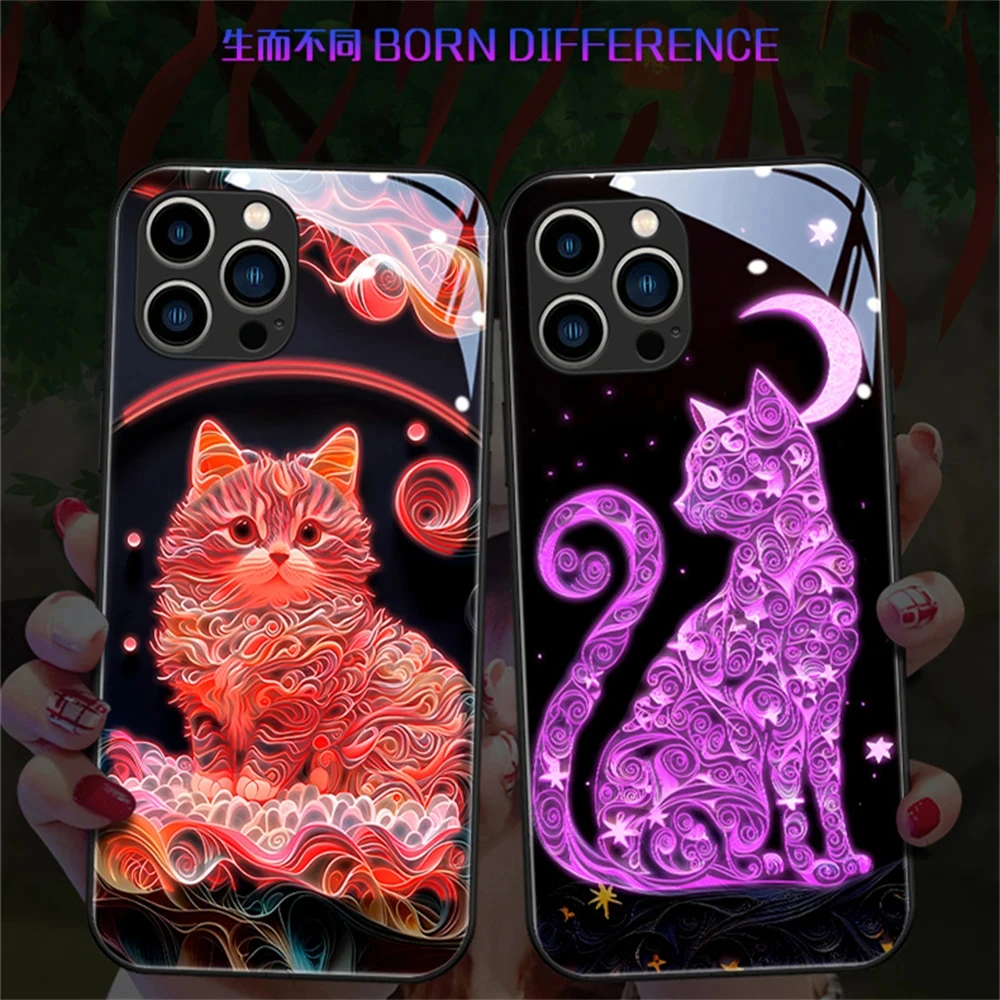 

Colorful Cat Sound Music Control Led Light Phone Case For iPhone 15 14 13 12 11 Pro Max X XR XS 6 7 8 Plus SE2020 Glowing Cover