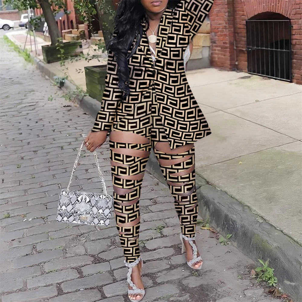 Elegant Women's Suit Female Casual Print Hollow Out Blazers + Pant Suit Street Outfit Ladies 2023 New in 2 Piece Pant Sets