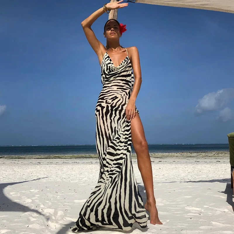 

2023 Women's Dress Y2k Elegant Beach Long Dress Women's Summer Sexy Straps Side Slit Club Party Dress Halter Zebra Sundress