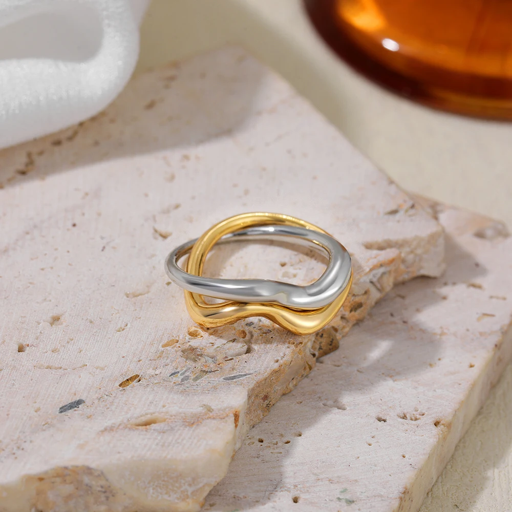 Mix Color Crossing Double Layered Circular Minimalist Rings for Women Unique Smooth Stainless Steel Waterproof Wedding Jewelry