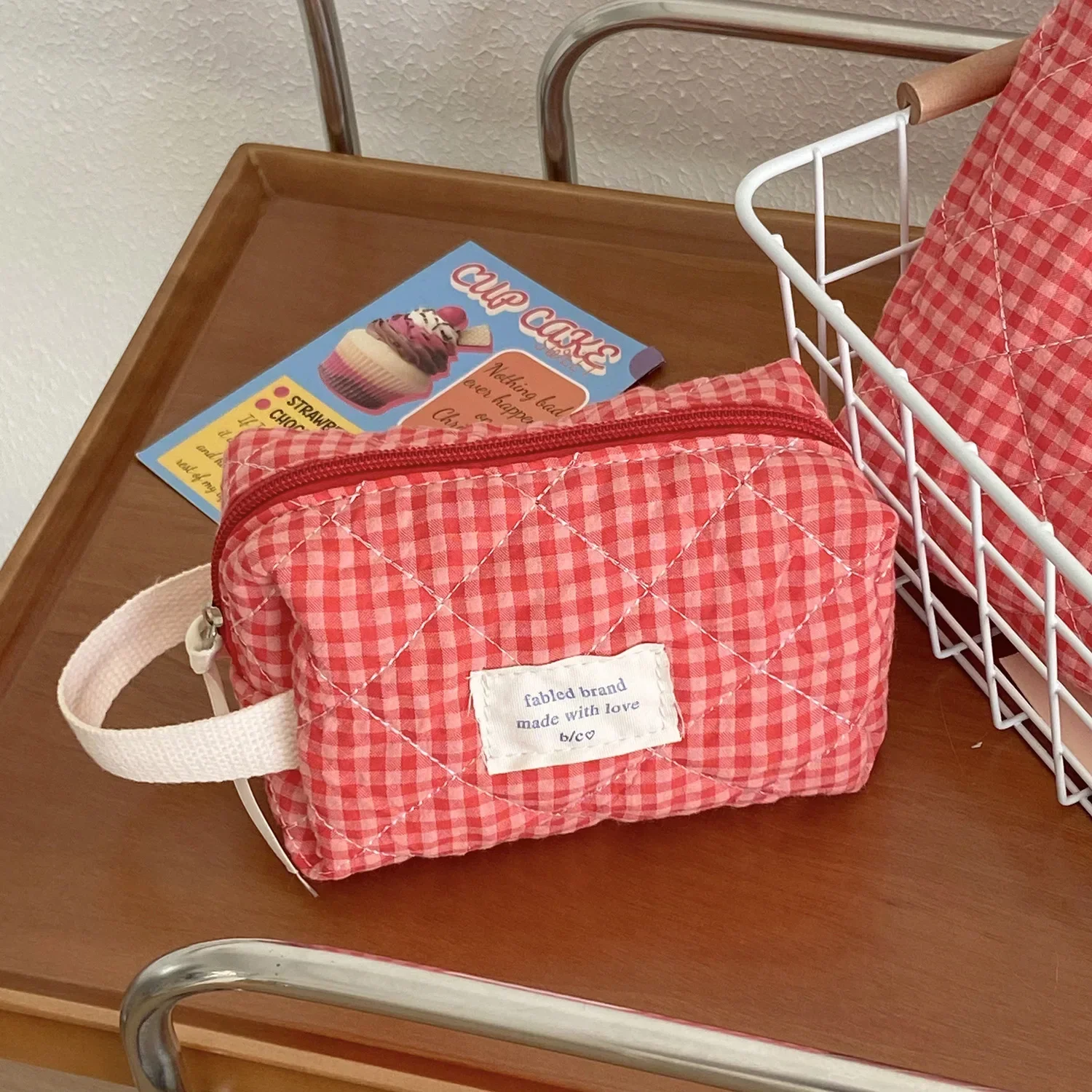 Retro Plaid Ladies Cosmetic Bag Quilted Cotton Women's Travel Storage Bags Portable Female Clutch Purse Large Capacity Handbags 4