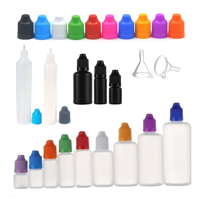 

50pcs 5ml 10ml 15ml 20ml 30ml 50ml 60ml 100ml 120ml PE Plastic Dropper Bottle With Childproof Cap For E Liquid Nail Gel+Funnel