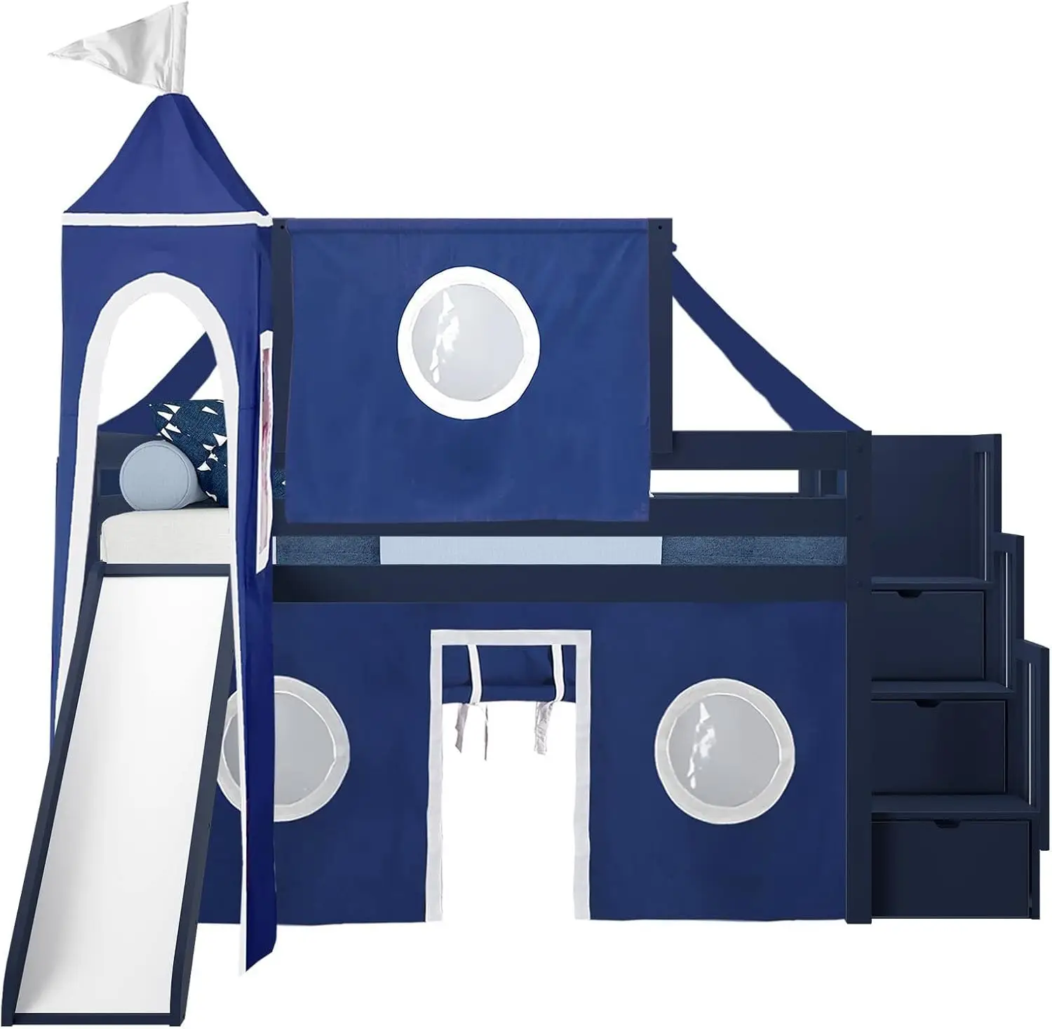 Castle Low Loft Stairway Bed with Slide Blue & White Tent and Tower Loft Bed Twin Suitable for Attic Beds Stairs Slides Only