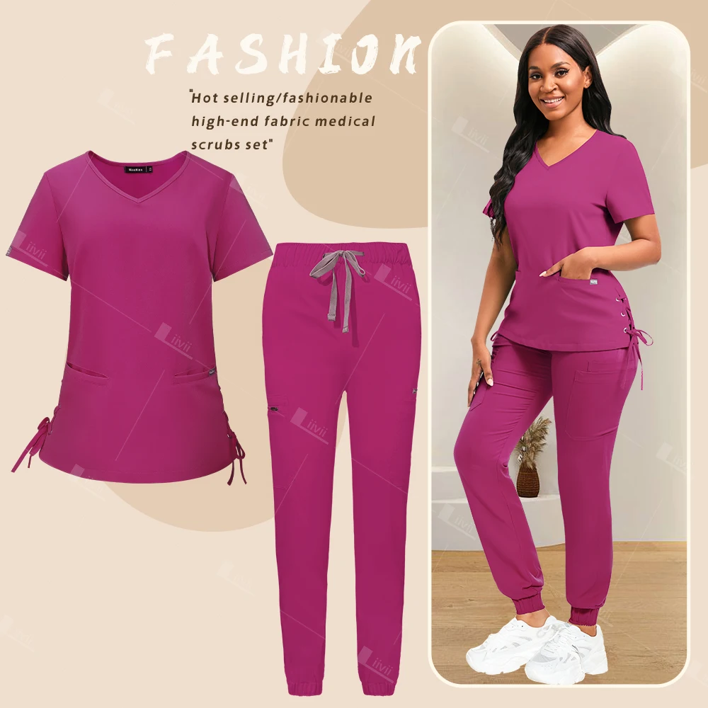 Nurse Surgical Uniform Woman Beauty Workwear Medical Scrub Set Stretch Clinical Scrubs Top+Jogging Pants Doctor Vet Nursing Suit images - 6