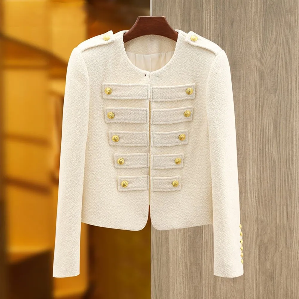 

Vintage European Court Style Lady Luxury Woolen Warm Chic Winter Open Stich Beige Tweed Jackets Retro Women Coats