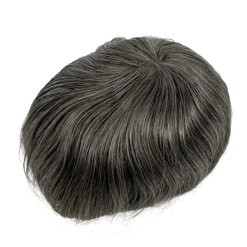 Grey Hair V looped Remy Human Hair Thin PU Toupee Thin Skin Base Hair Piece For Men