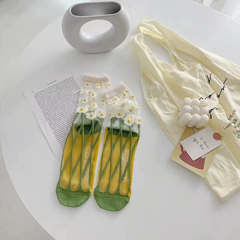 5 Paare/satz Frankreich Hipster Design Glas Seide Floral Vogel Lustige Socken Frauen Transparente Kunst Söckchen Jacquard – Detail 38