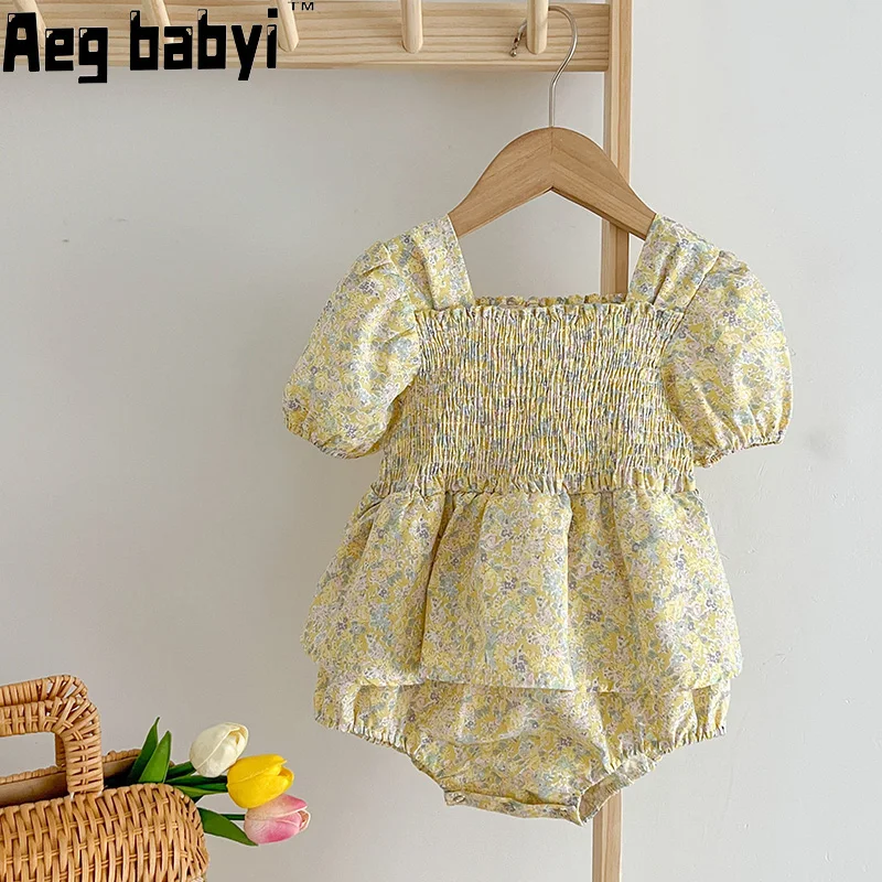 

Newborn Baby Girls Jumpsuit Korean Style Short Sleeve Floral Printing Cotton Summer Baby Girls Clothes Toddler Baby Girl Romper