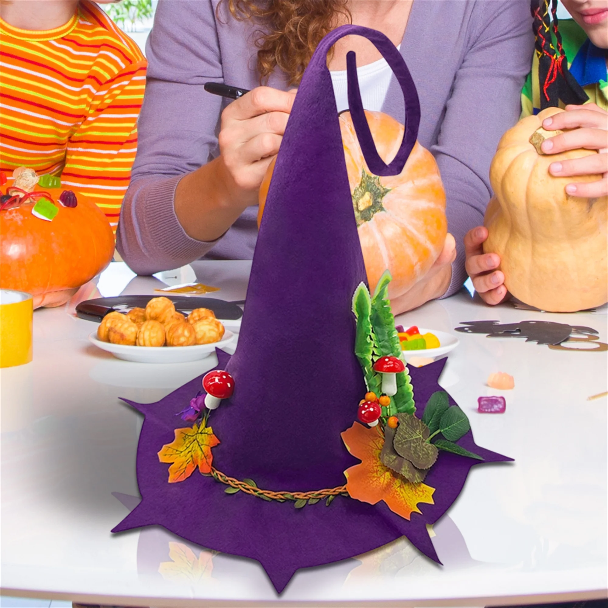 Black Velvet Witch Hat with Silver Buckle Adult Halloween Costume Accessory for Masquerade Party and Carnivals