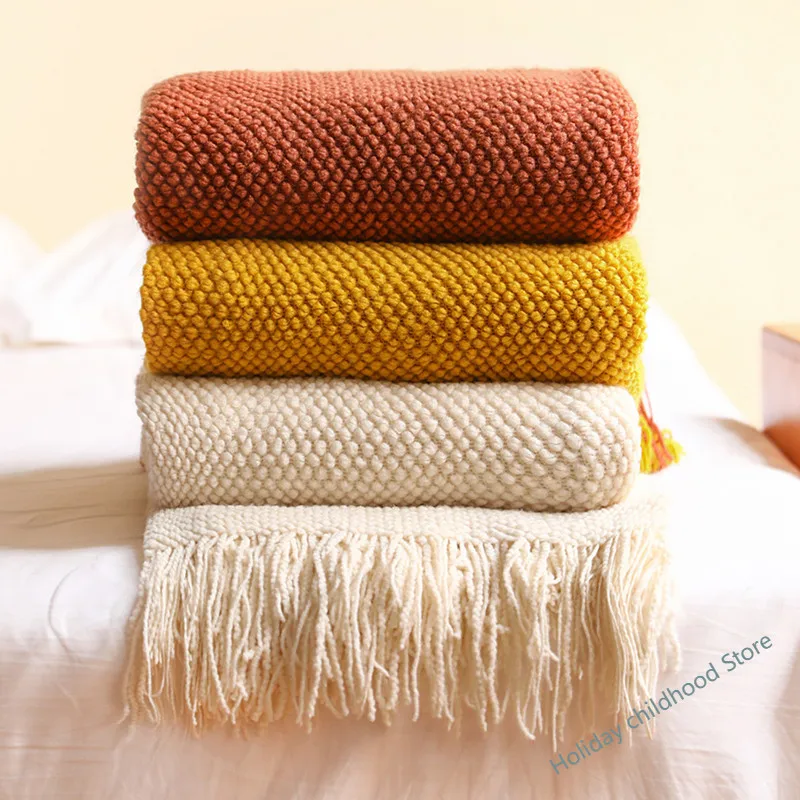 Textile City Home Decorative Thickened Knitted Blanket Corn Grain Waffle Embossed Winter Warm Tassels Throw Bedspread 130x240cm 1