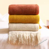 Textile City Home Decorative Thickened Knitted Blanket Corn Grain Waffle Embossed Winter Warm Tassels Throw Bedspread 130x240cm 1