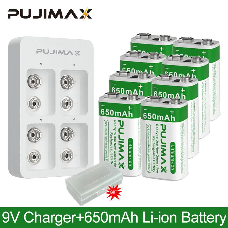 

PUJIMAX 4/8/12Pcs 9V Rechargeable Lithium Battery 650mAh Li-ion Batteries With Original 4-slot 9V Smart Battery Charger Set