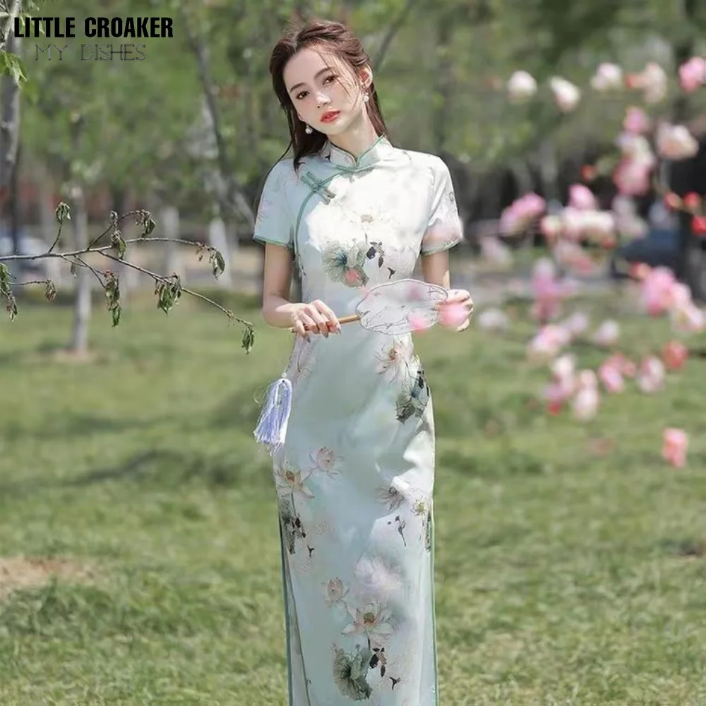 Long Cheongsam 2023 New Chinese Summer Young Girls' Improved Daily High End Vintage Republic Light Green Qipao Dress доска разделочная green republic 33×24 см лен