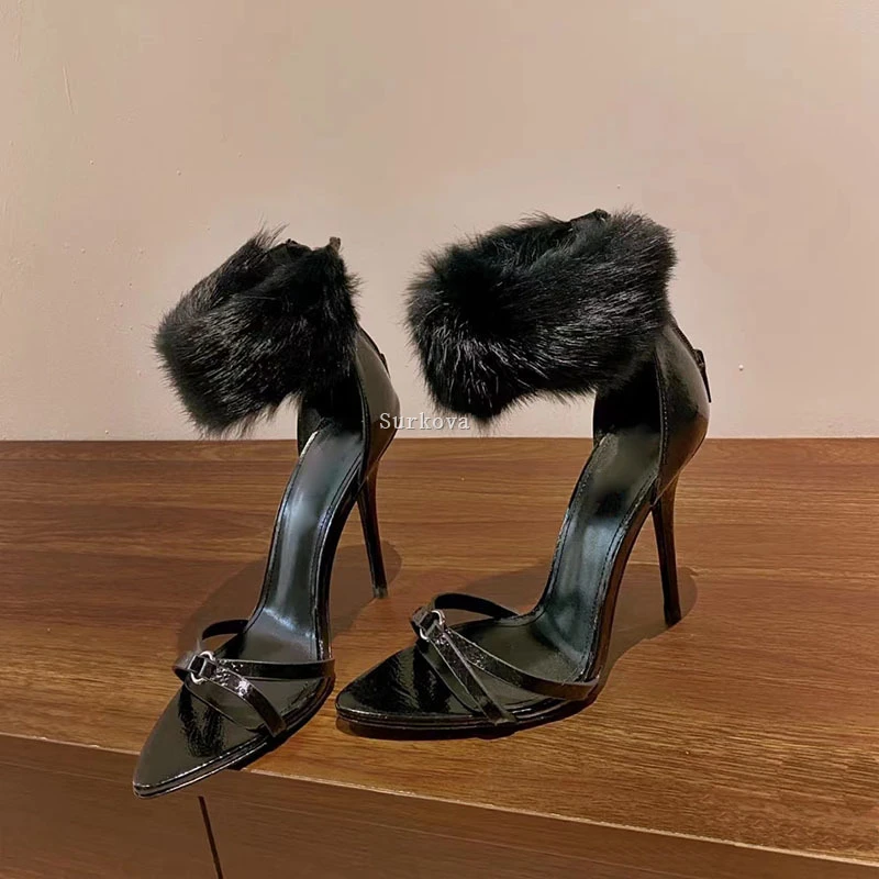 

Fashion Women's Shoes Black Peep Toe Ankle Feathers Sandals Fur Stiletto High Heels Wedding Party Dress Shoes Ladies Back Zipper