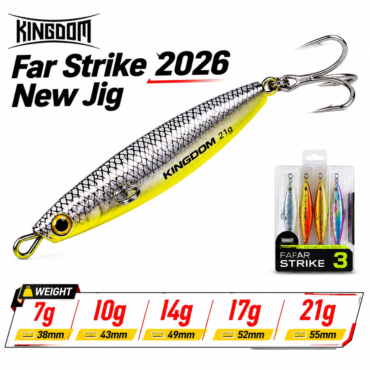 Kingdom 3-teiliges Far Strike Metall-Jig-Angelköder-Set 7g 10g 14g 17g 21g Sinkender Weitwurf-Jigköder für Seebarsch Künstlicher Köder