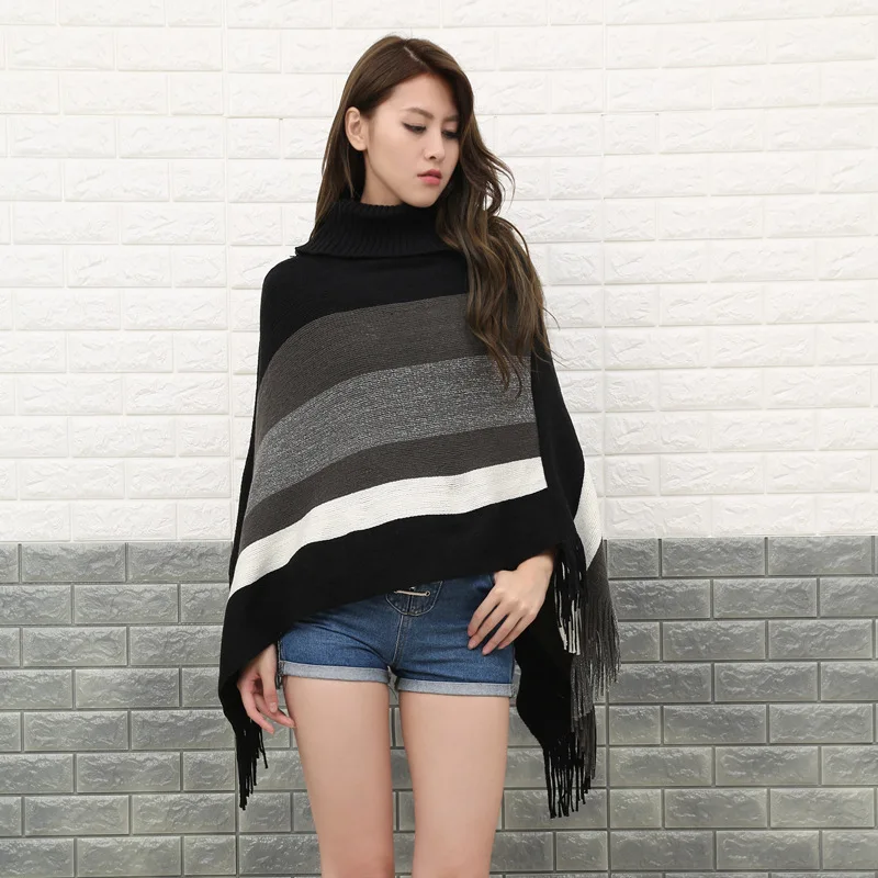 Spring Autumn New Women Irregular High Neck Striped Tassel Shawl Cloak Sweater  Pullover Blouse Female  Jacket  Black 2022 new summer silk scarf female seaside large shawl travel scarf sunscreen beach towel ethnic style summer sunshade