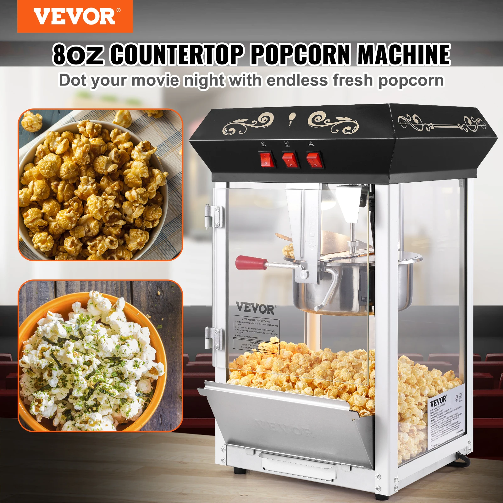 VEVOR Machine à Pop-corn Avec Chariot Électrique 850 W 227 G 48 Tasses Rouge