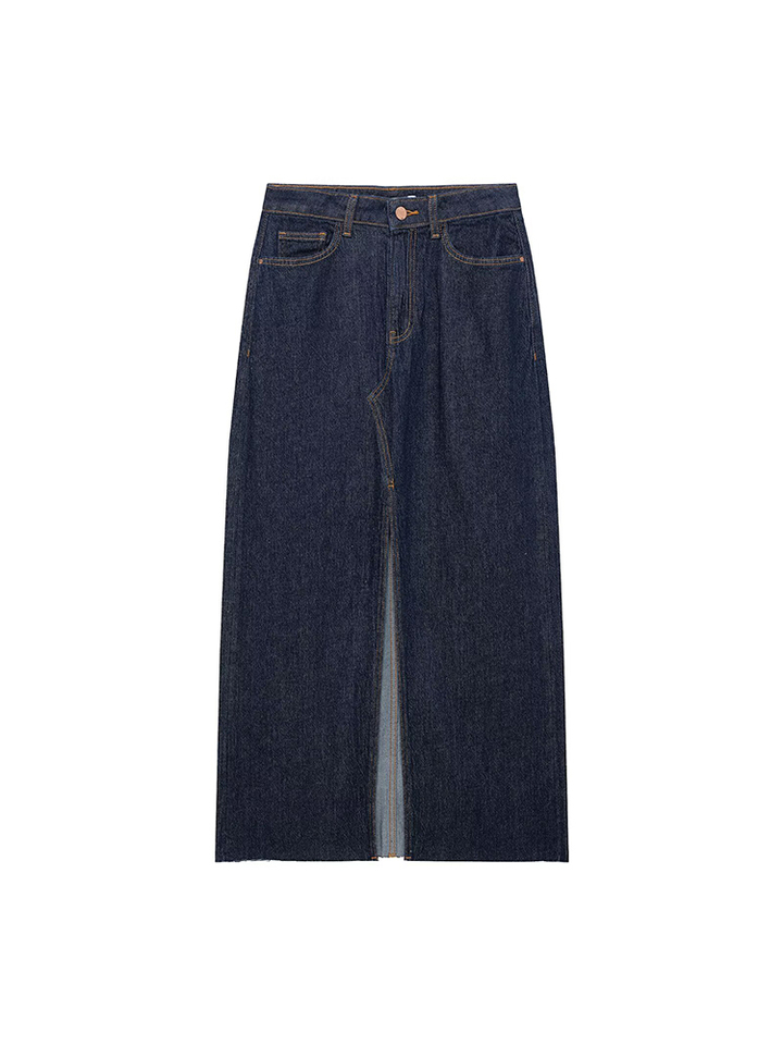 KUCLUT Women Fashion Denim Black Front Zipper Slit Straight Midi Skirt Vintage High Waist Female Chic Lady Skirts