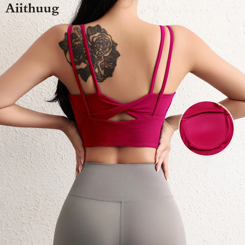 Aiithuug U-shaped Double Thin Shoulder Straps Yoga Crop Tops with Built-in Cup Wide Elastic Hem Tight Fit Pilates Gym Sportwears