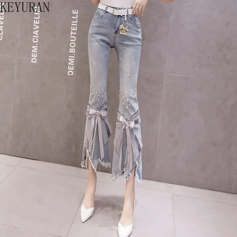 High Waist Jeans Women Ripped Cropped Jeans Women\'s 2023 Spring Summer New Irregular Beaded Bow Flared Denim Pants Ladies Jeans