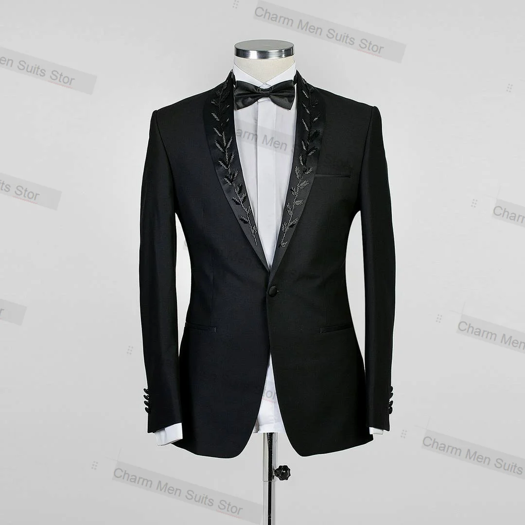 

Black Beads Men Suits Set 2 Piece Blazer+Pants Custom Made Jacket Formal Office Business Bridegroom Wedding Tuxedo Prom Coat