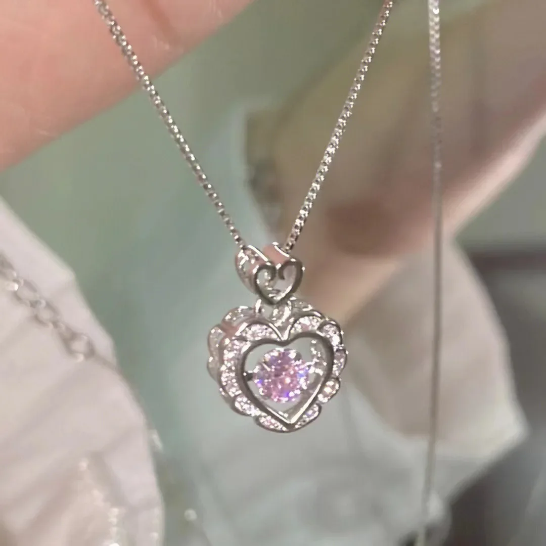 Y2k Pink Crystal Pendant Heart Necklace for Women Girls Chain
