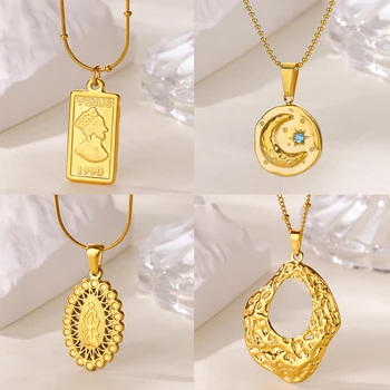 Geometric Portrait Necklaces for Women 18K Gold Plated Stainless Steel Crescent Moon Necklace Fashion Waterproof Jewelry