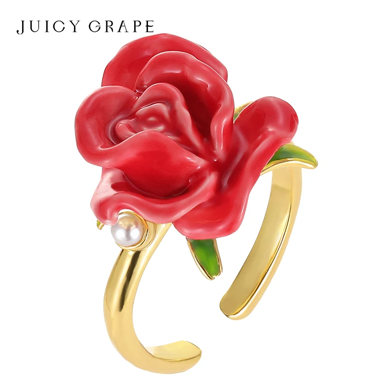 Exquisite Adjustable 18K Gold Plated Enamel Rose Ring for Women - Elegant Wedding Party Fine Jewelry