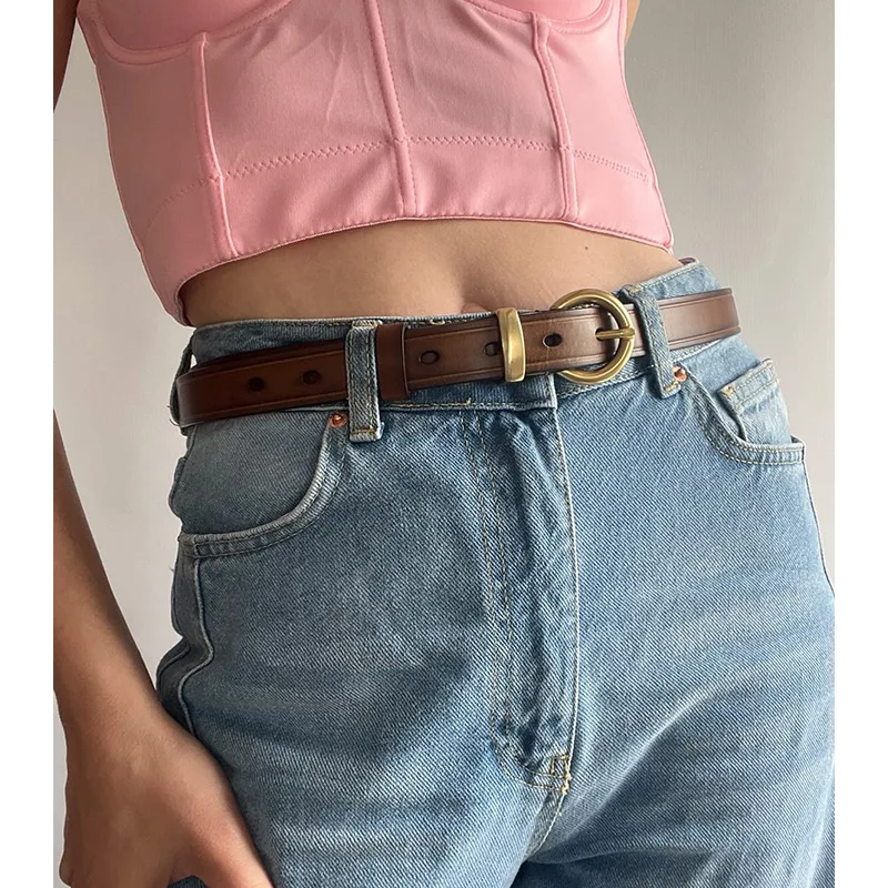 

ZR DIARY Belt Women Cow Leather Round Buckle Sewing Retro Designer Ladies Jeans Dress Waistband Handmade 2406