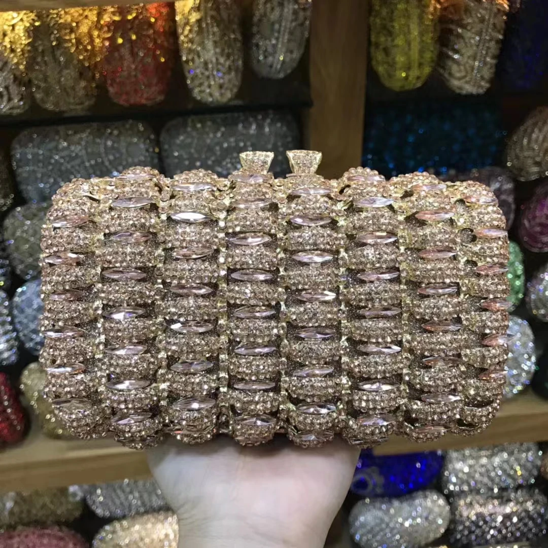 XIYUAN Women Rose Gold Stones Clutch Bags Lady Champagne Evening Bag Metal Minaudiere Rhinestone Clutches Wedding Party Purse