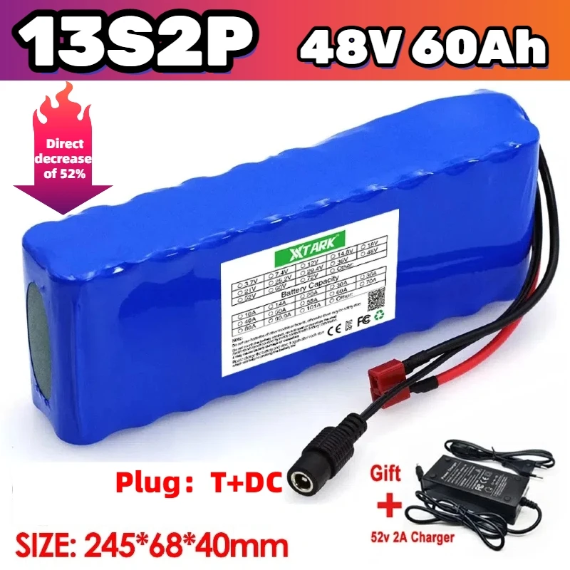

48V 60Ah 13S2P 18650 lithium-ion battery pack, built-in BMS, replaceable 1000W electric bicycle electric scooter battery+charger