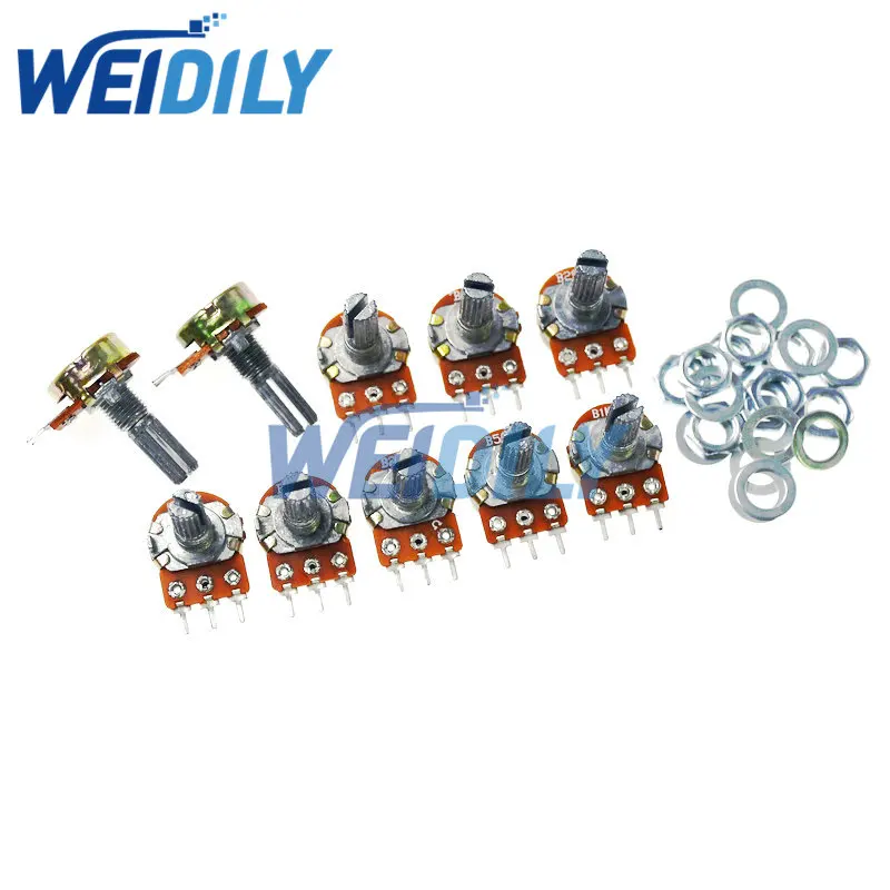 10PCS 20mm Shaft WH148 Linear Potentiometer Kit Single Joint B1K 2K 5K 10K 20K 50K 100K 250K 500K 1M ohm 3Pin With Nut And Washe 10pcs rv09 vertical 12 5mm shaft 3pin seal potentiometer 1k 2k 5k 10k 20k 50k 100k 200k 500k 1m b503 0932 adjustable resistor