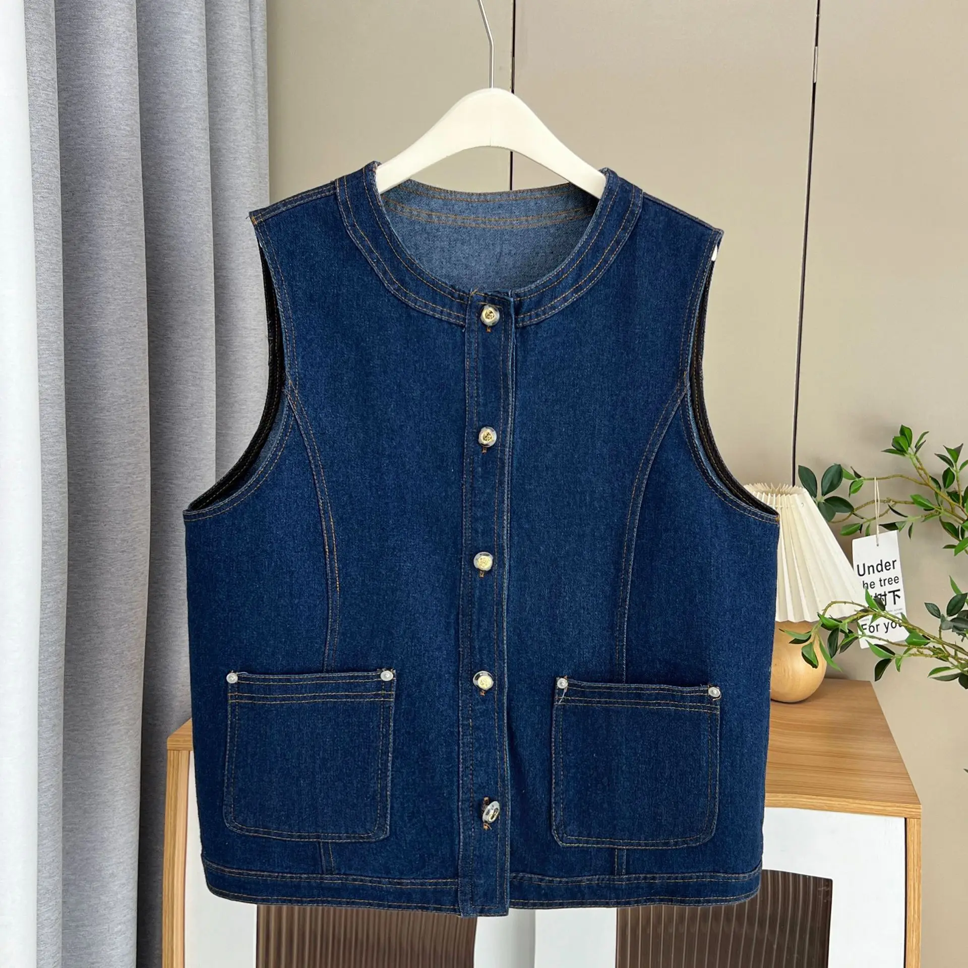 Plus Size Women's Waistcoat Autumn Denim Vest Jacket Hong Kong Style Casual For O-Neck Sleeveless Top 2522