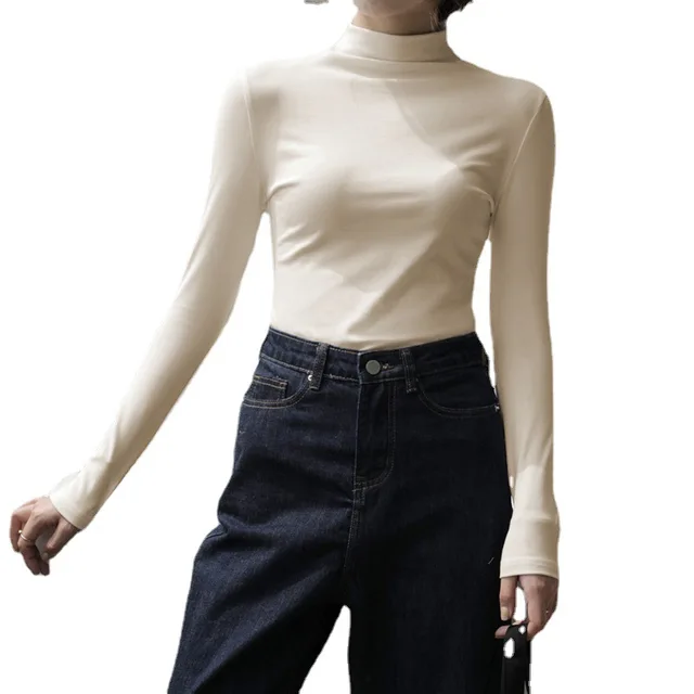 Spring Long Sleeve Turtleneck Tops Slim Knitted Bottoming T Shirt Korean Fashion Sweater Harajuku Pullover Women Clothing Jumper Apricot