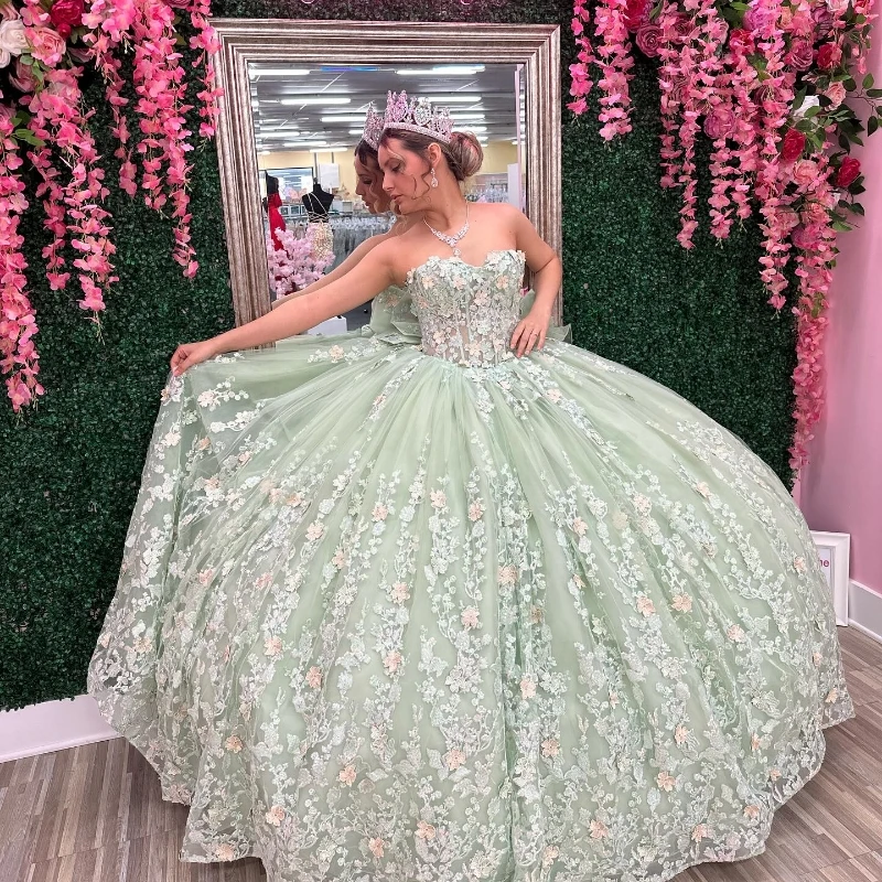 

Mint Green Shiny Princess Ball Gown Quinceanera Dress Off The Shoulder Appliqué Lace Tull Sequin Sweet 16 Dress Vestido 15 De