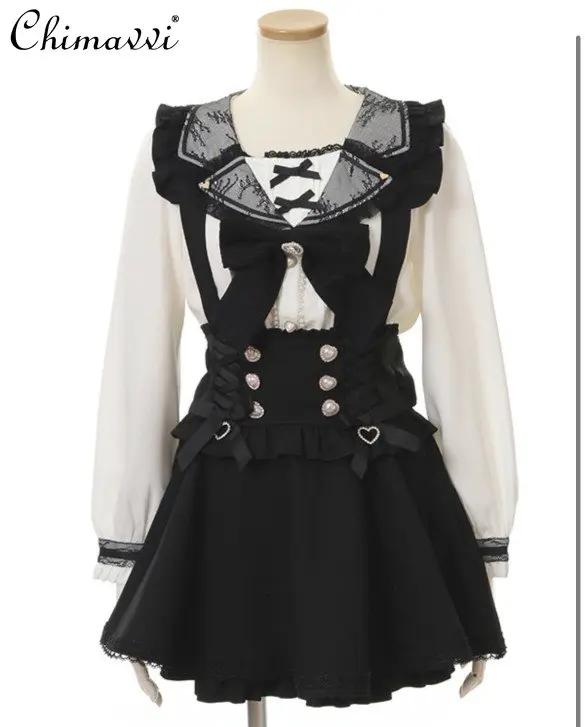 Lolita Japanese Style Ribbon Bow Diamond Pearl Buckle Removable Short Suspender Skirt Women Sweet Cute Straps Skirt