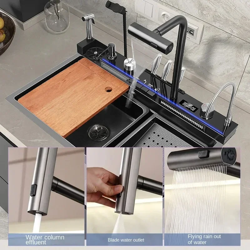 Kitchen 304 Stainless Steel Waterfall Sink Digital Display Embossed Washing Basin Household washing Sink,kitchen accessories,kitchen sink