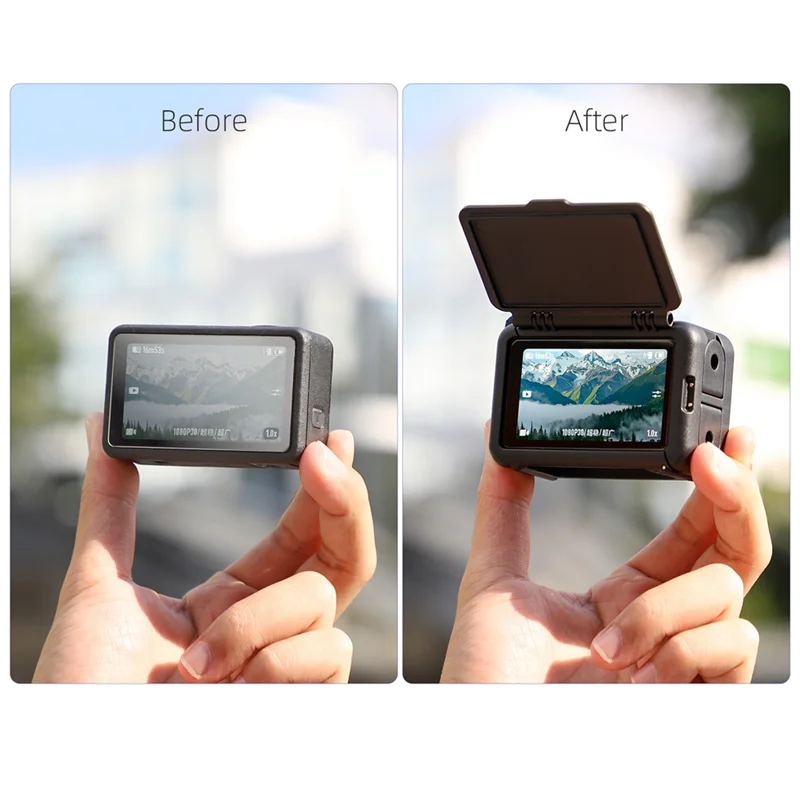 Détail du pare-soleil intégré à la cage de protection pour DJI Osmo Action 5 Pro/4/3, réduisant les reflets.