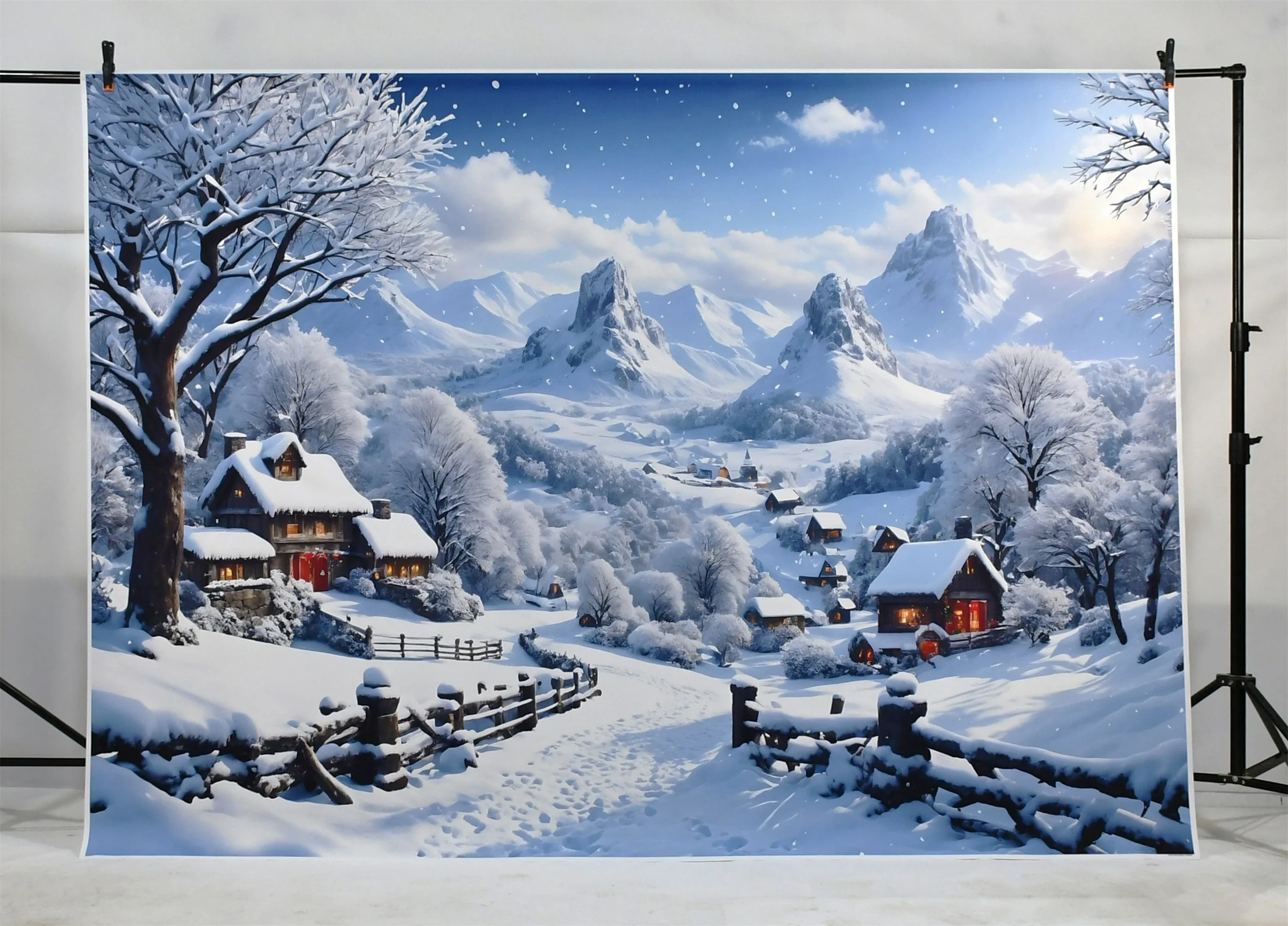 Description Picture 3 of itemMOON.QG Christmas Santa Claus Gifts Backdrop Village Ball Trees Photo Studio Background Home Decoration Photography Back Drop