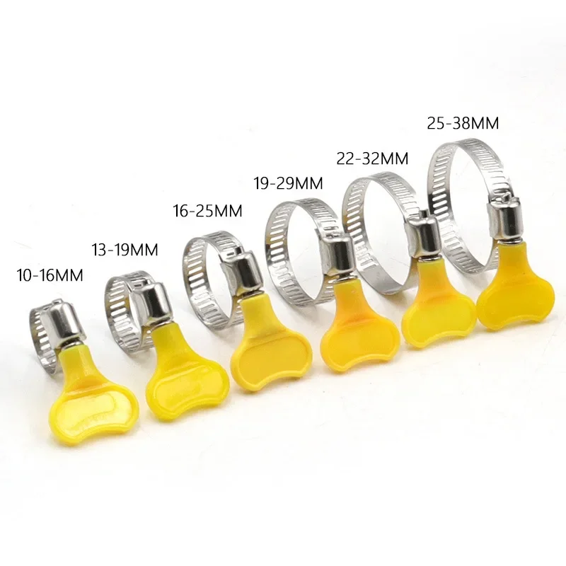 Abrazaderas de manguera de giro manual, mango de plástico amarillo ajustable, conducción de gusanos, Clips de tubería de acero inoxidable 201 para tubo, 5 piezas, 8-44mm