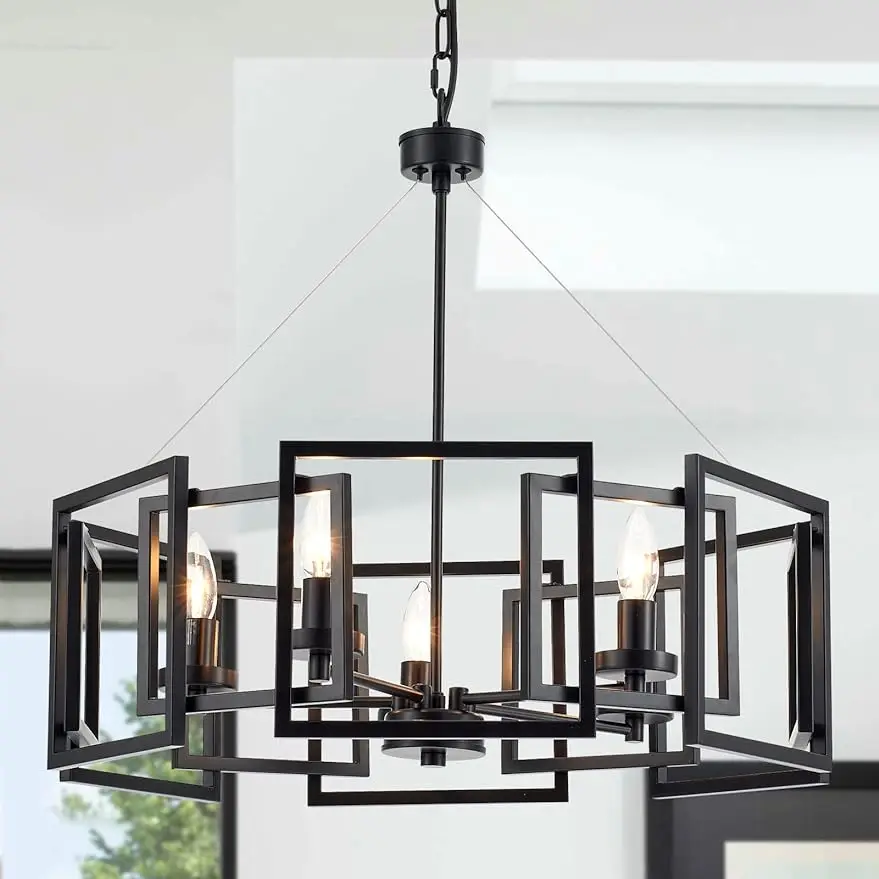 

MhyTogn Industrial Style Chandelier, with Matt Black Finish Geometric Shade Pendant Lighting Fixture for Dining Room 5-Light