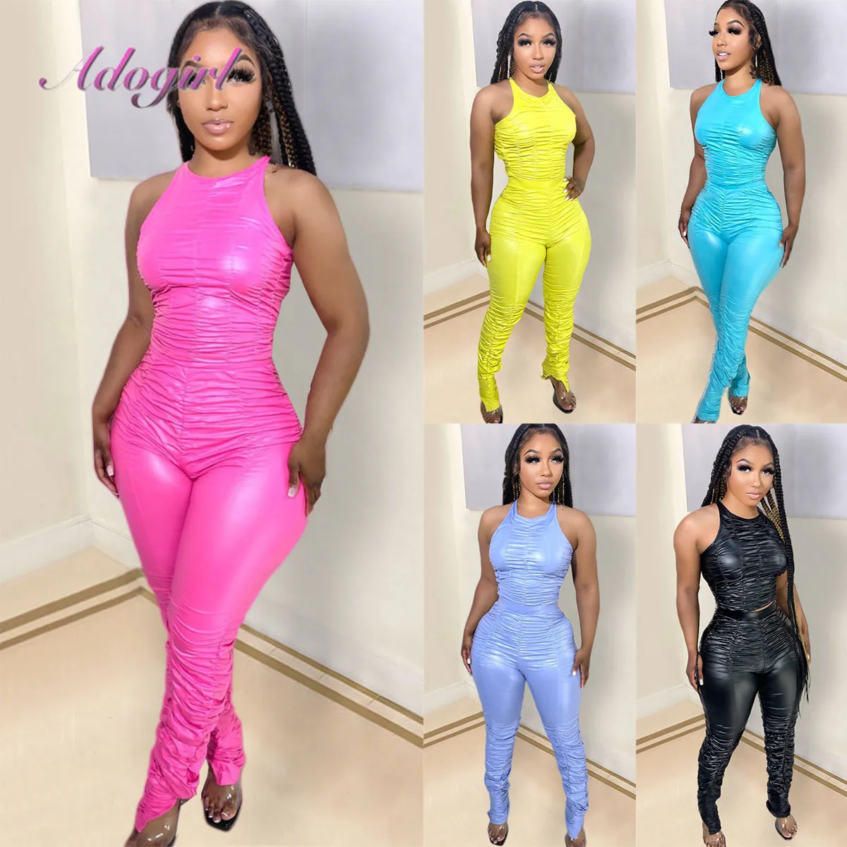 Sexy Pu Leather Two Piece Set Women Party Club Matching Sets Solid Halter Lace Up Crop Top Stacked Flare Pants Outfit Tracksuit